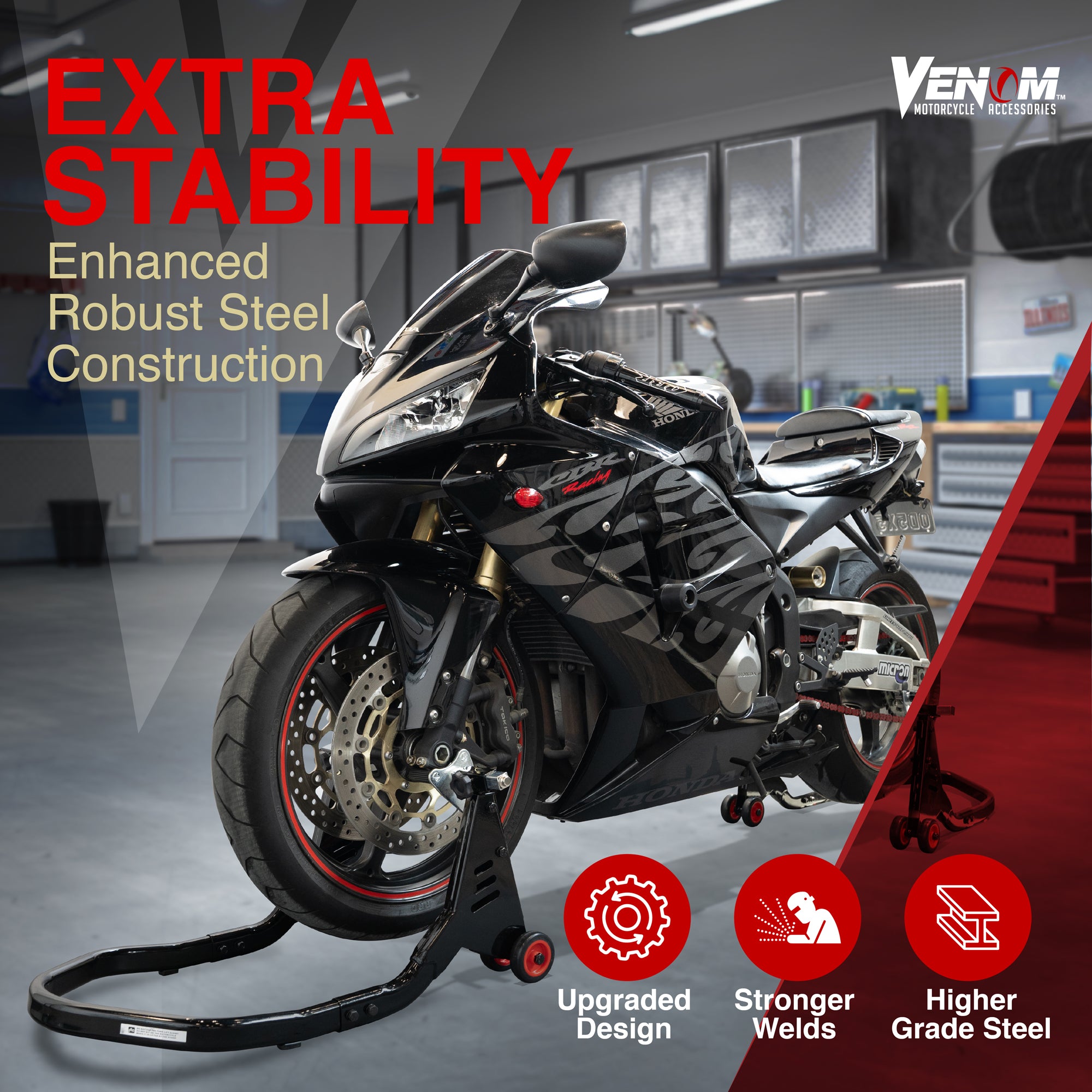 Venom Bike Stand Combo, Front Fork Lift Stand And Rear Spool Lift Stand
