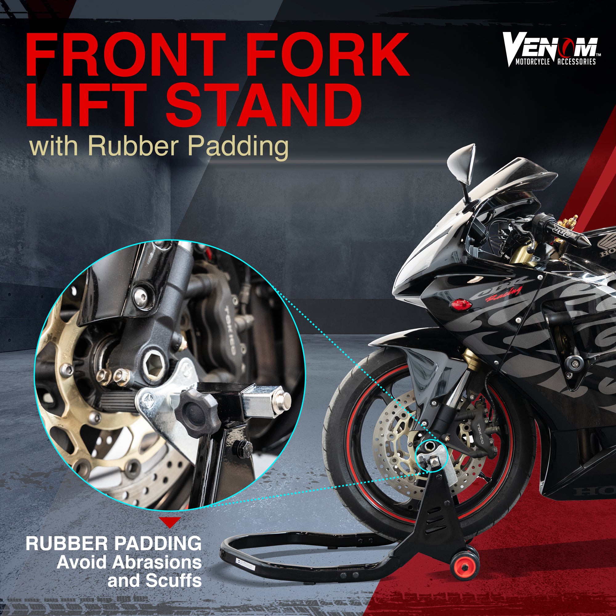 Venom Bike Stand Combo, Front Fork Lift Stand And Rear Spool Lift Stand
