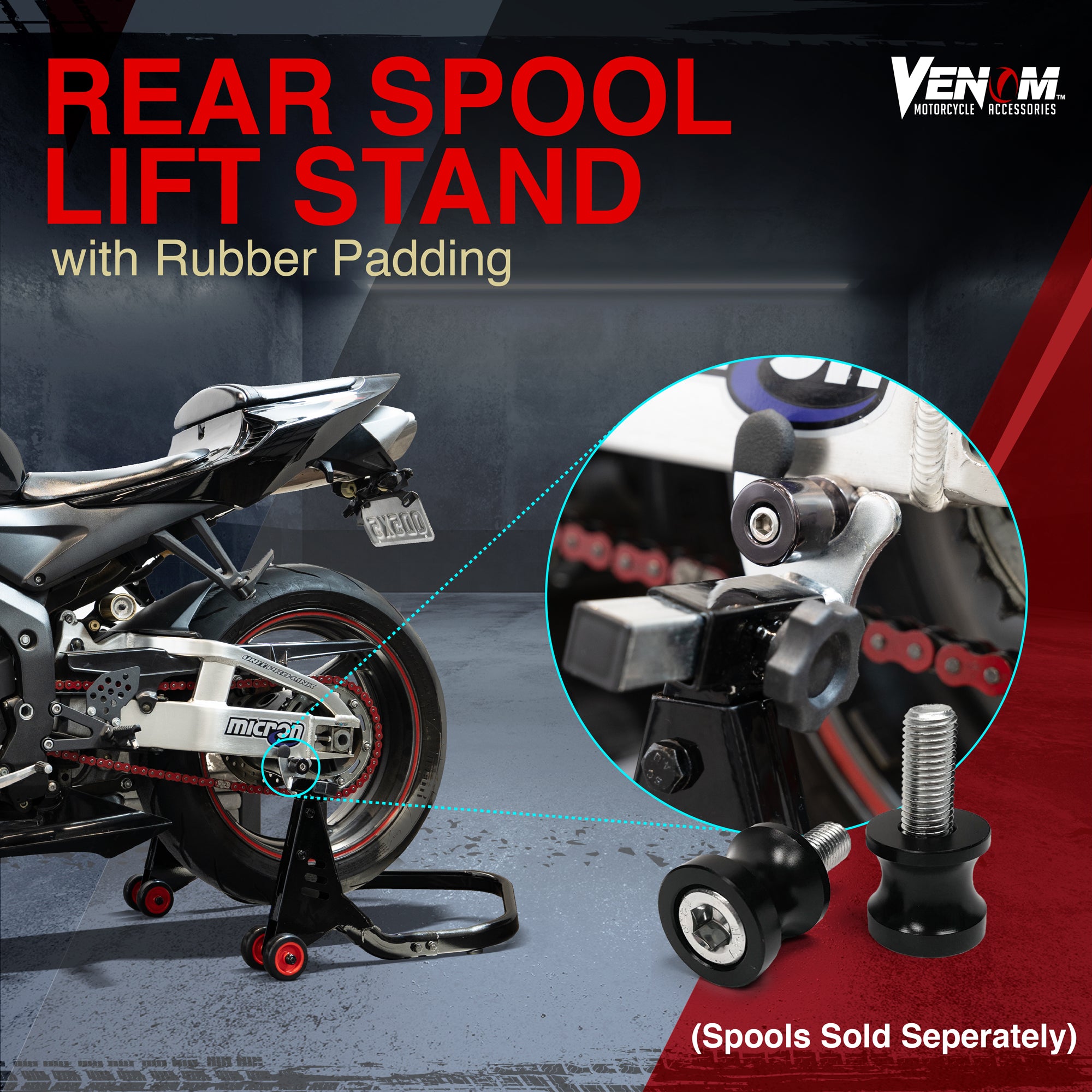 Venom Bike Stand Combo, Front Fork Lift Stand And Rear Spool Lift Stand