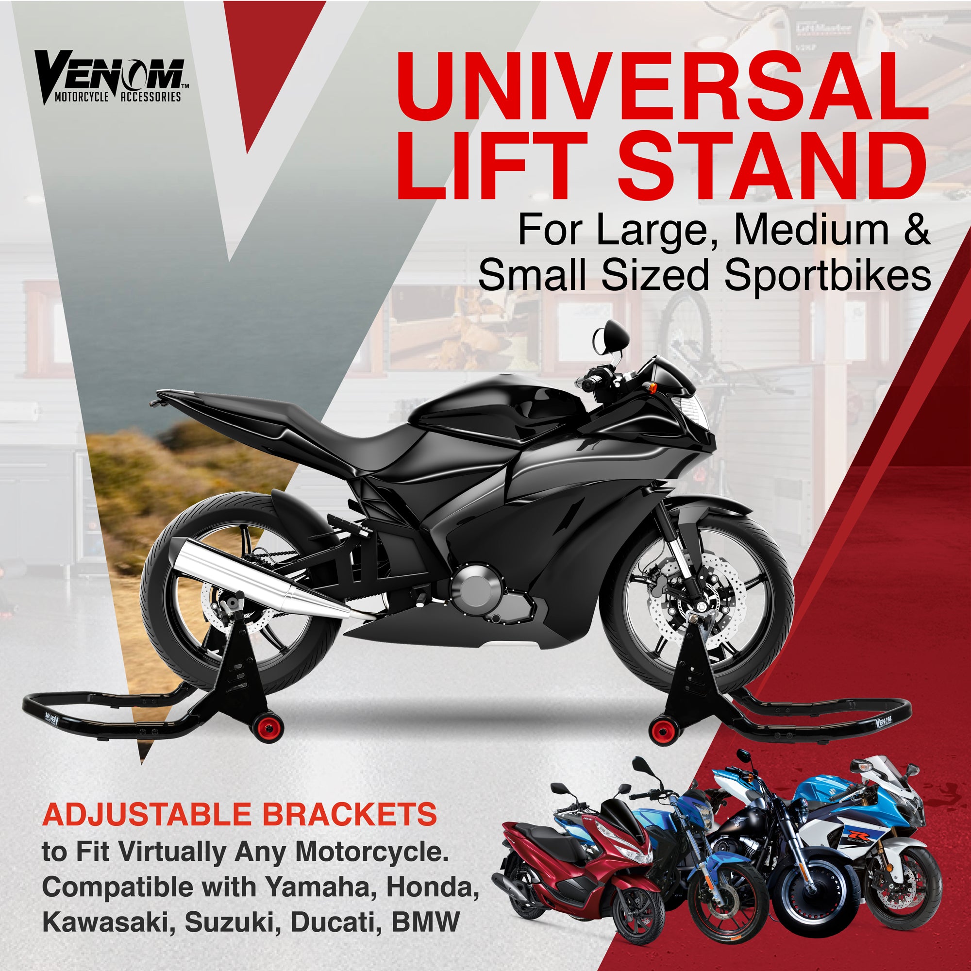 Venom Motorcycle Stand Front and Rear Lift Stand Combo, Universal Swingarm Spool Lift + Fork Paddock Stand
