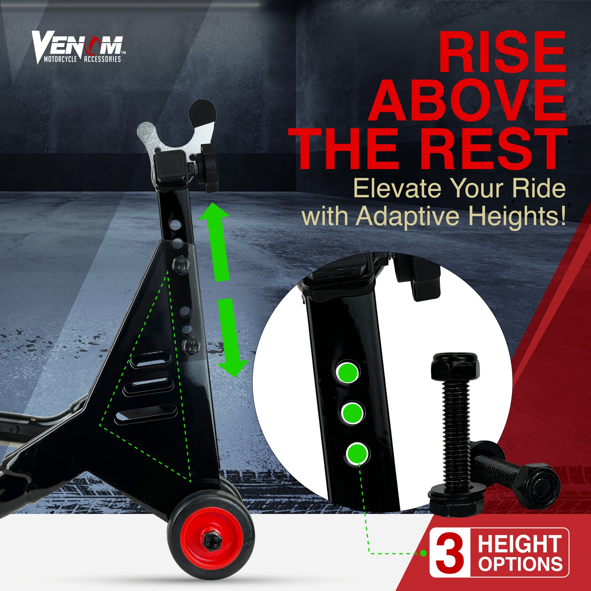 Venom Bike Stand Combo, Front Fork Lift Stand And Rear Spool Lift Stand