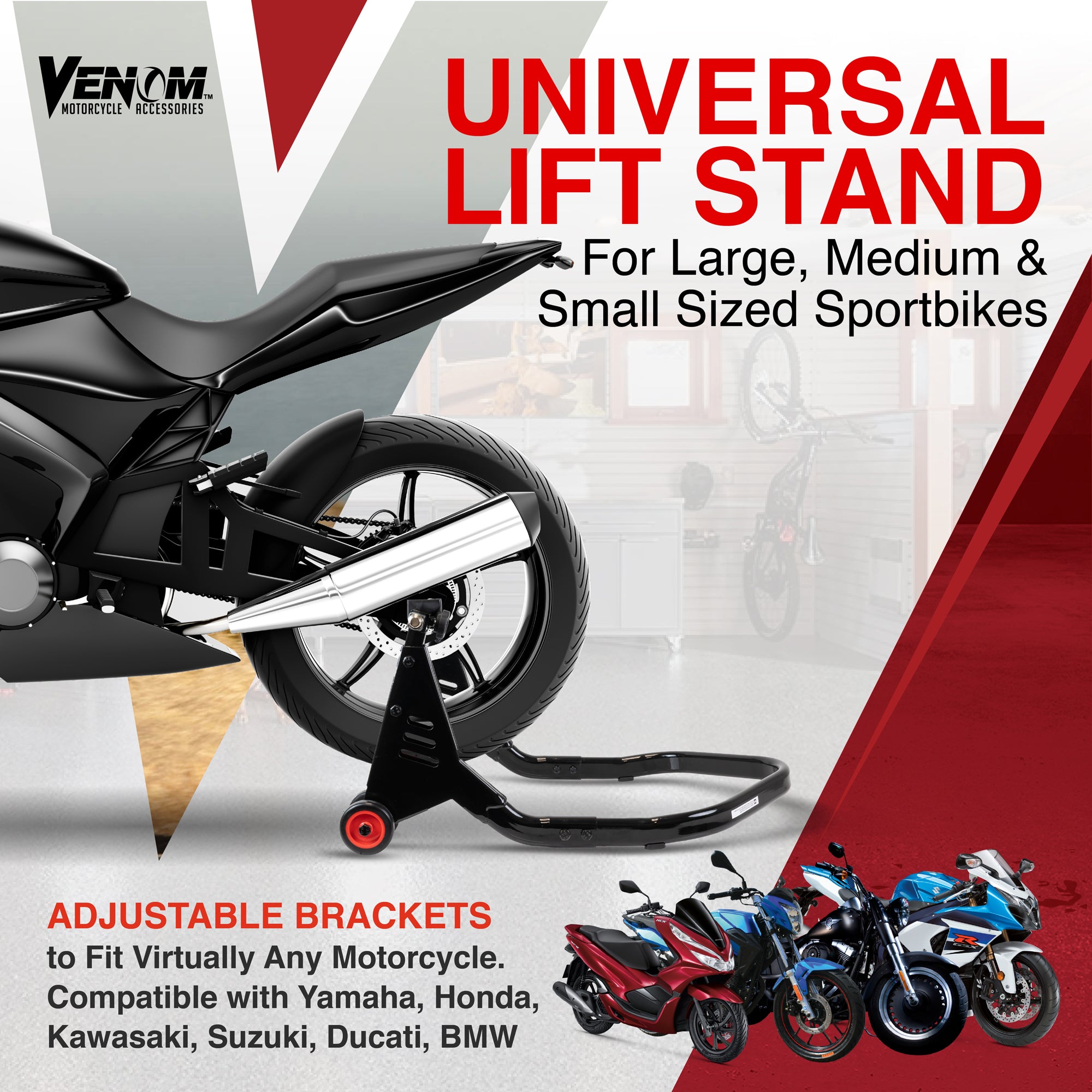 Venom Motorcycle Rear Stand Paddle Lift, Universal Sport Bike Rear Wheel Motorcycle Lift Stand