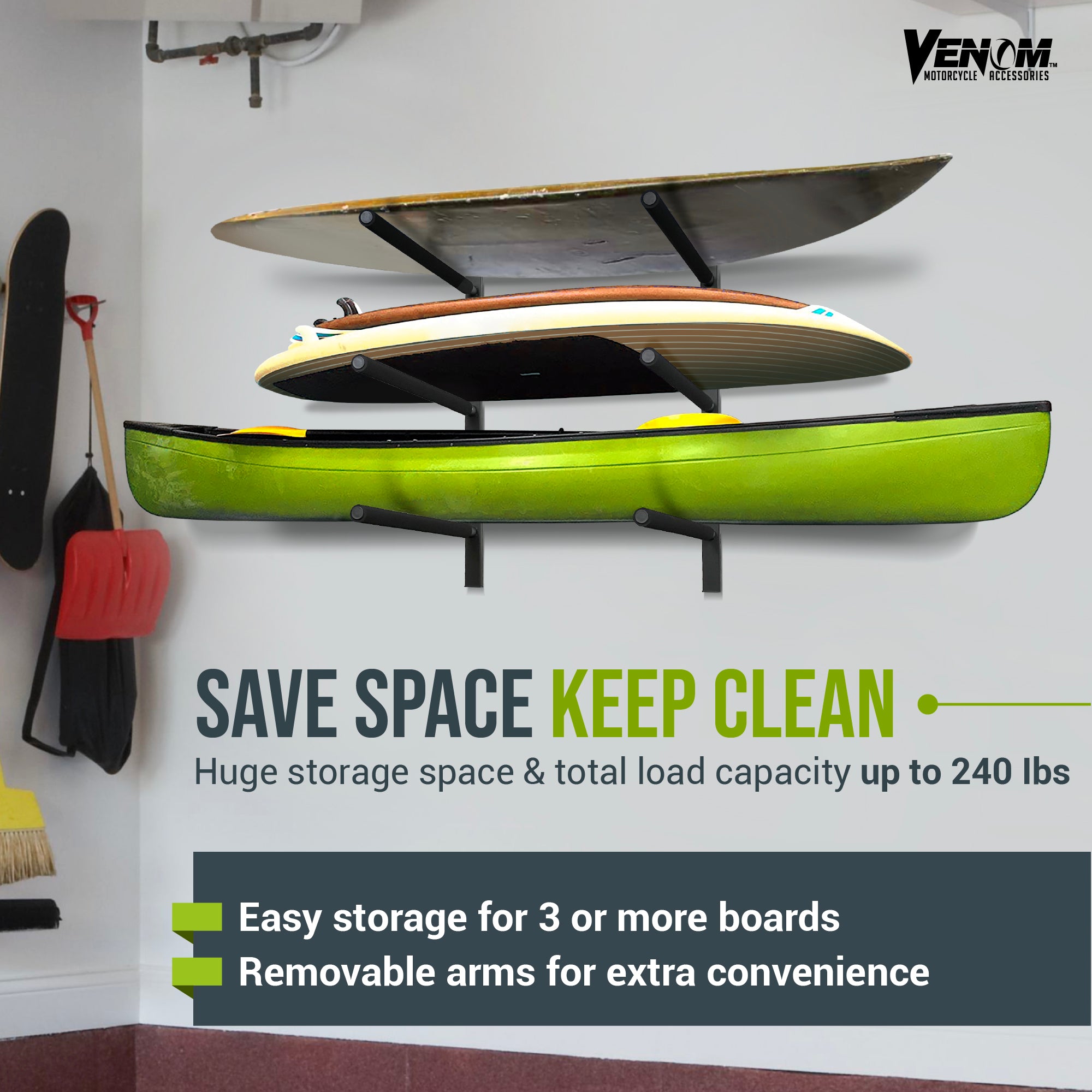 Venom 3 SUP Paddleboard Rack Wall Mounted Surfboard Kayak Snowboard Garage Rack
