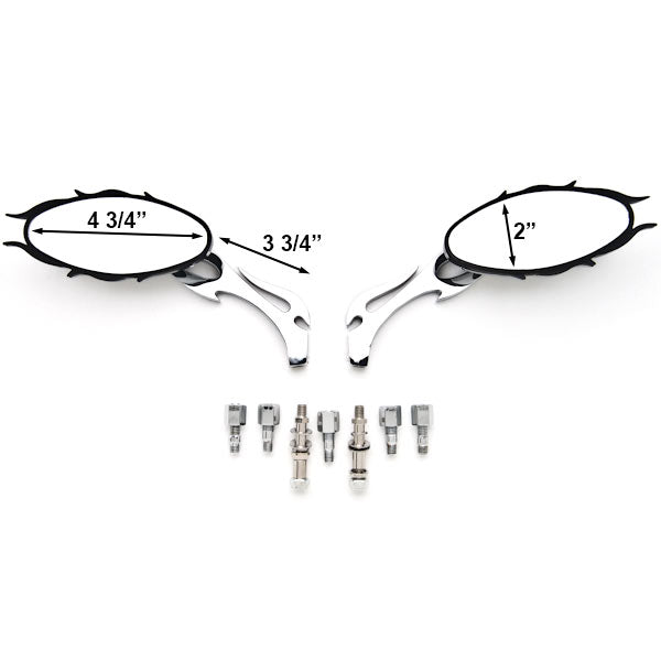 Universal Chrome Flame Mirror Head Arm Motorcycle Cruiser Harley + Includes Bolts