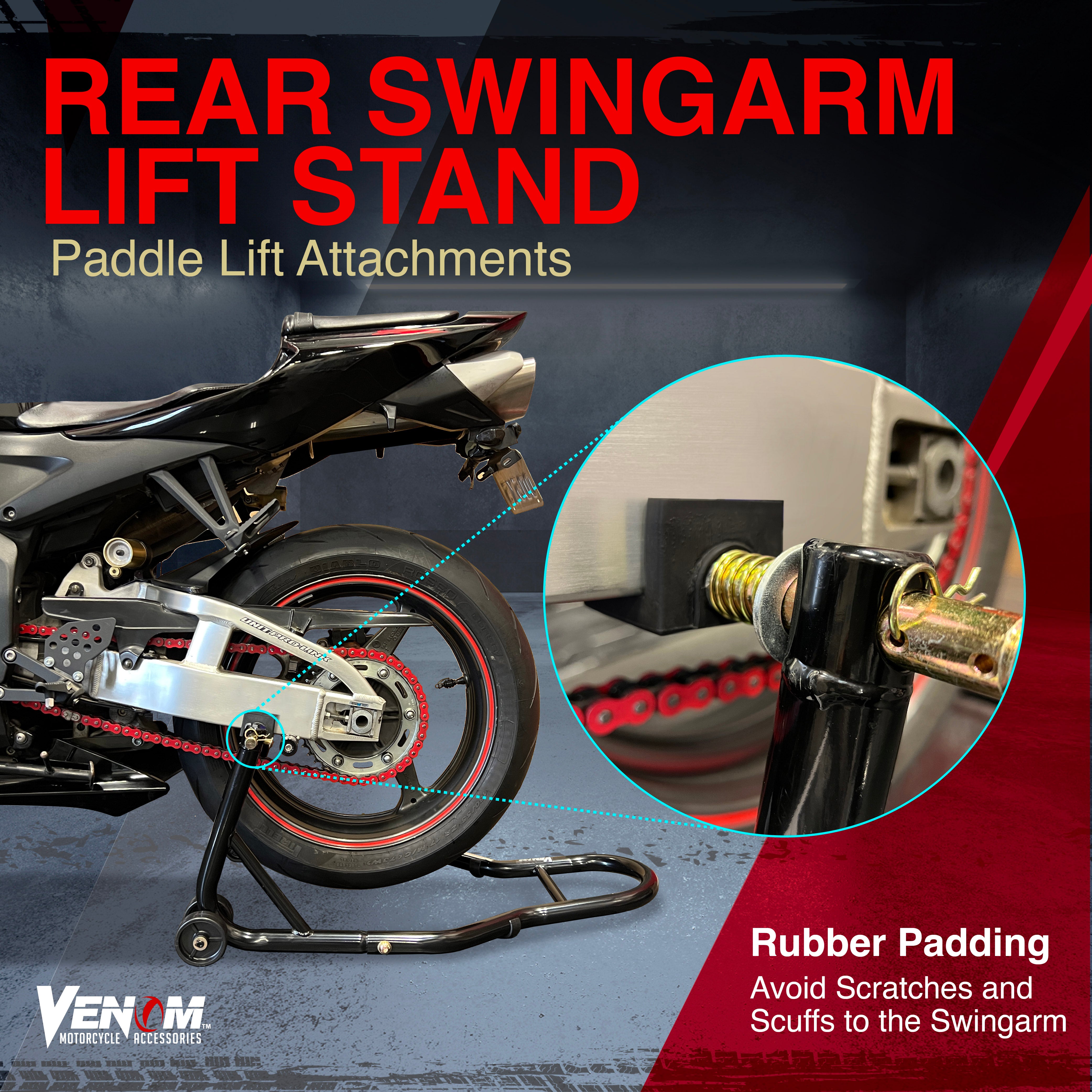 Venom Motorcycle Rear Wheel Swingarm Paddle Lift Stand