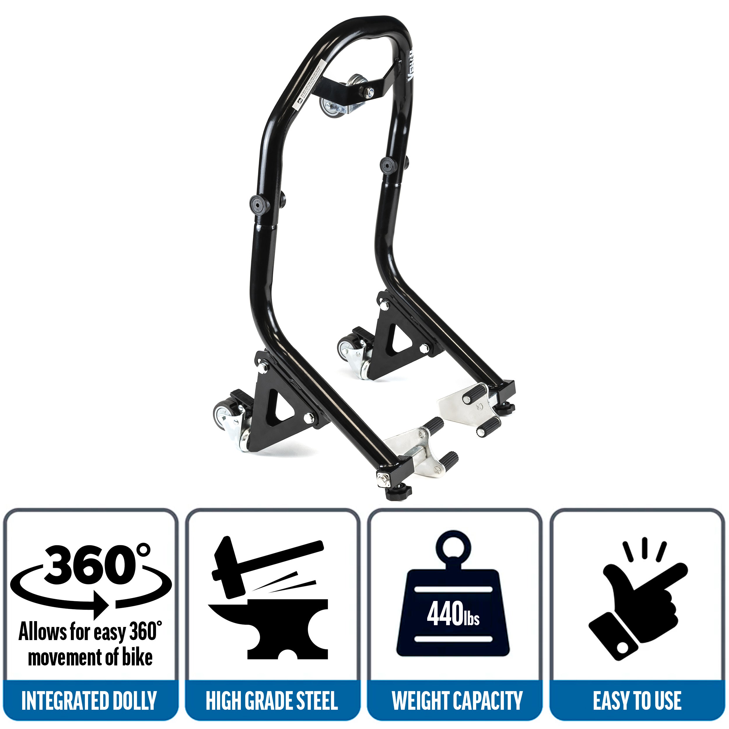 Venom Motorcycle Front Wheel Lift Stand with Dolly Wheels, Fork Lift Attachments, Black