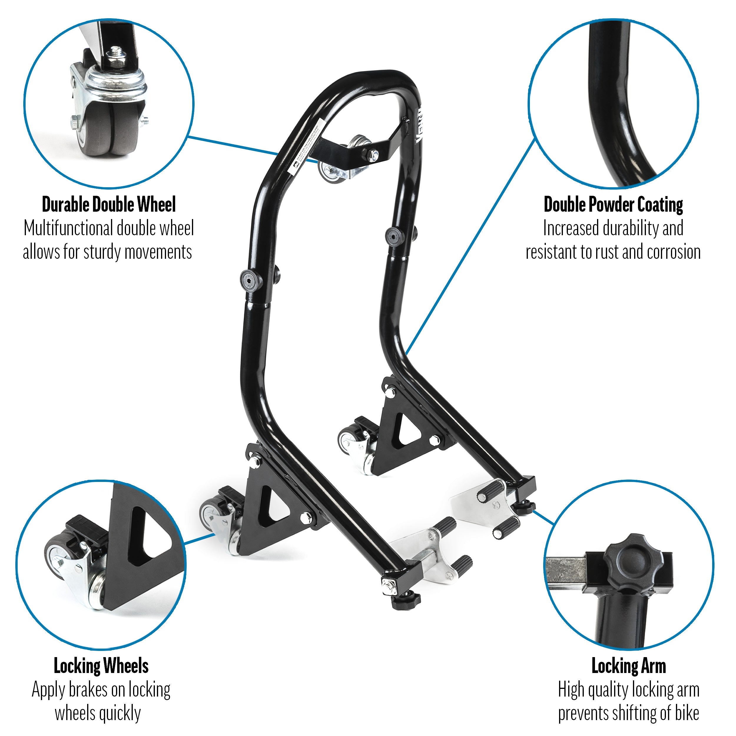 Venom Motorcycle Front Wheel Lift Stand with Dolly Wheels, Fork Lift Attachments, Black