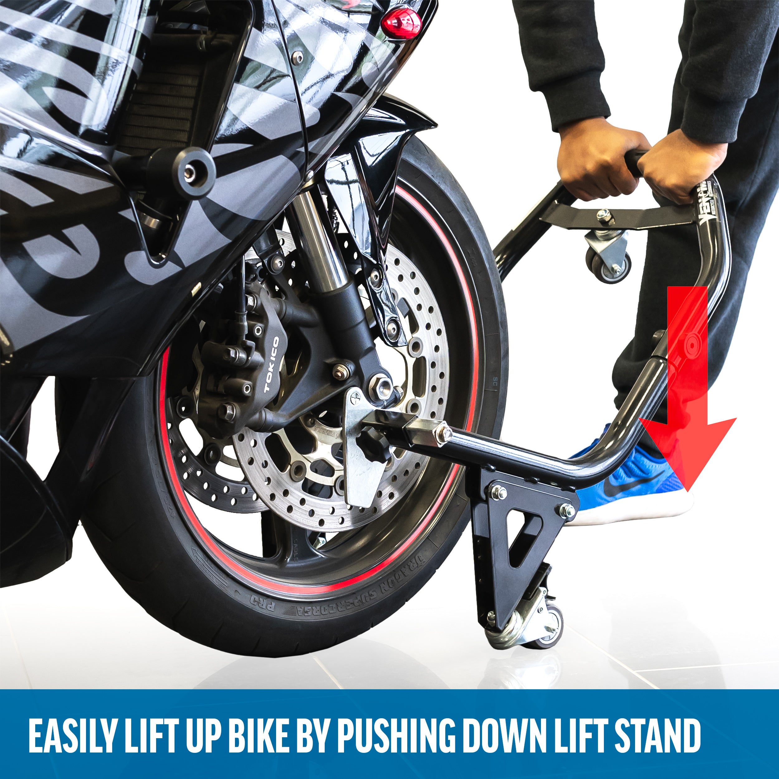 Venom Motorcycle Front Wheel Lift Stand with Dolly Wheels, Fork Lift Attachments, Black