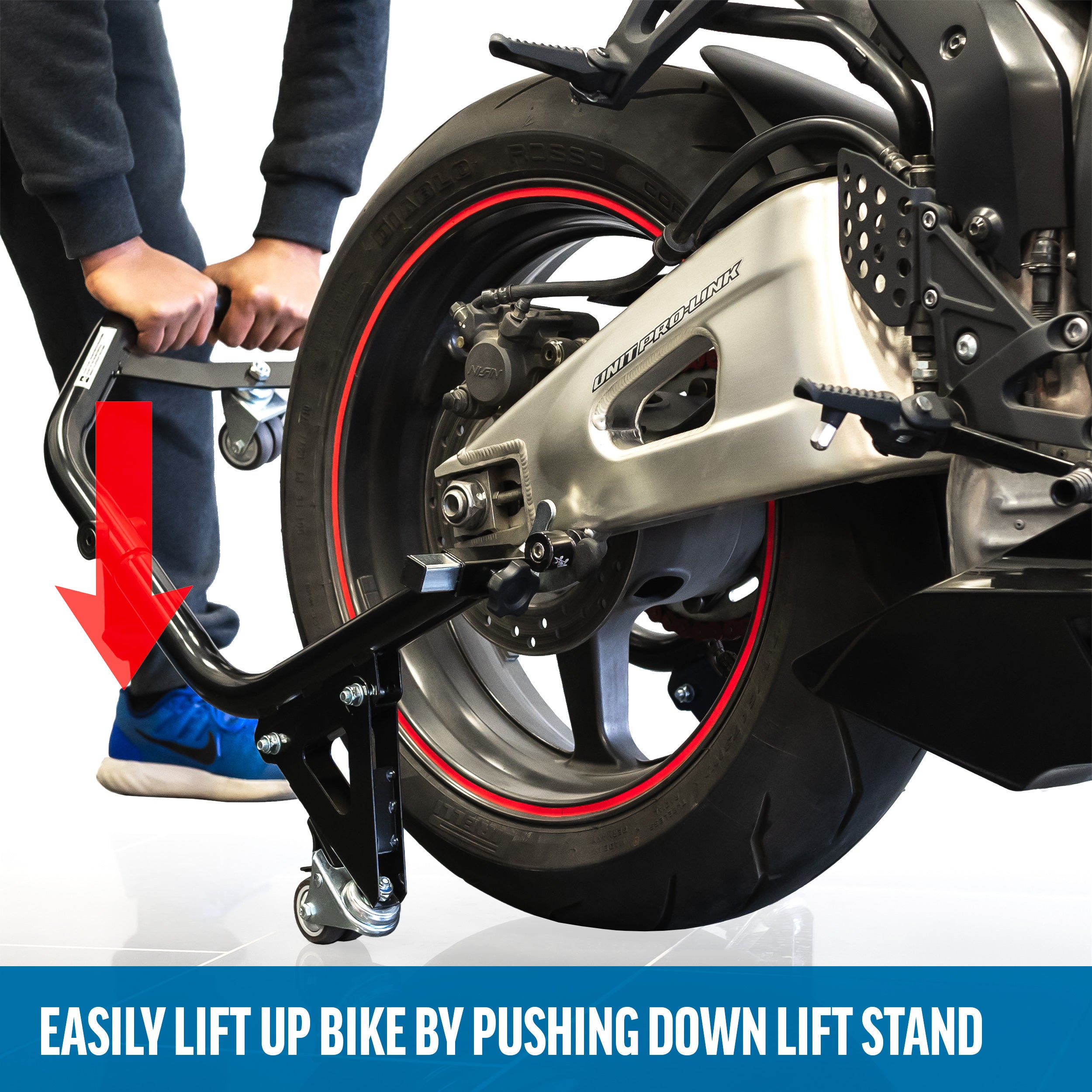 Venom Motorcycle Rear Wheel Lift Stand with Dolly Wheels, Spool Lift Attachments, Black