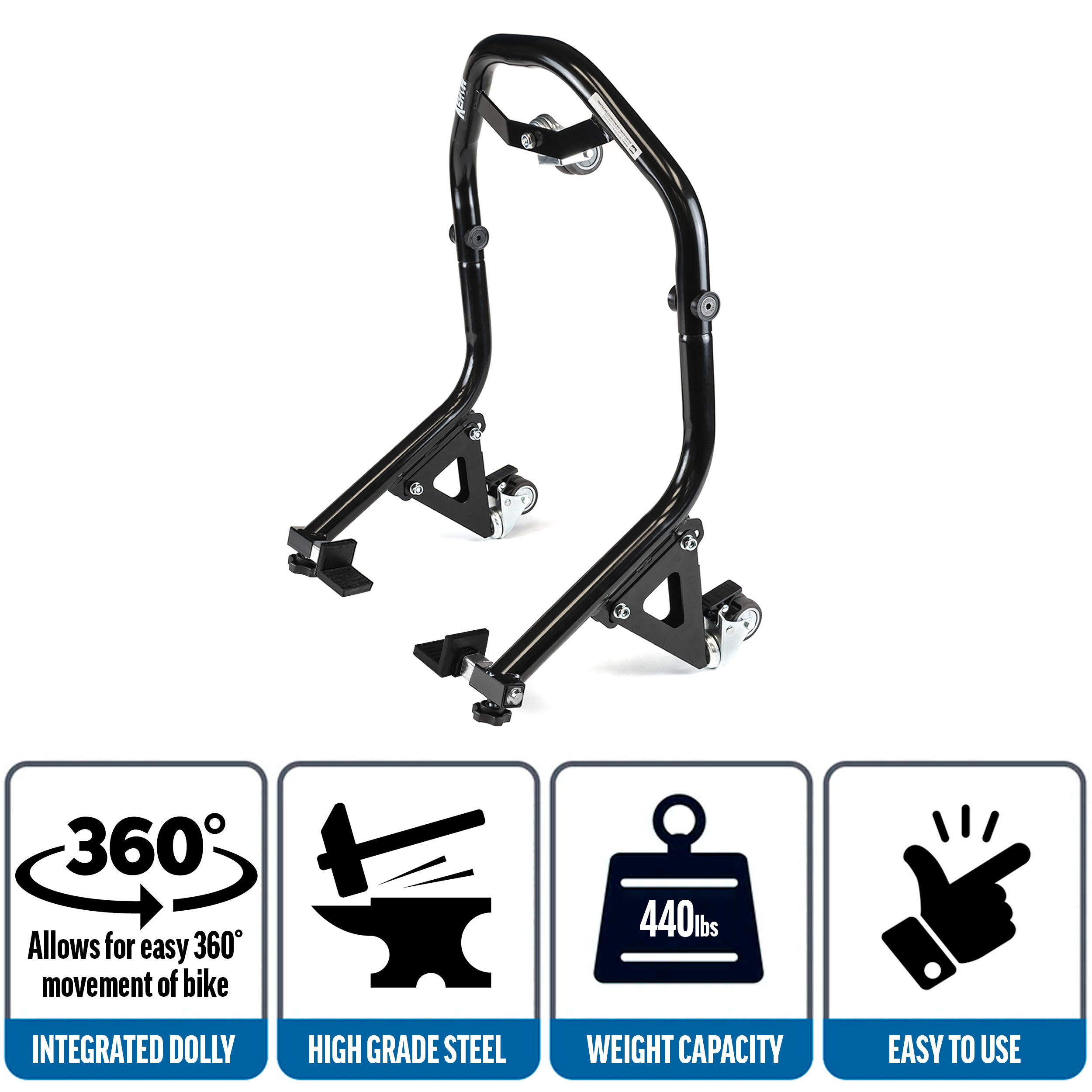 Venom Motorcycle Rear Wheel Lift Stand with Dolly Wheels, Paddle Lift Attachments, Black