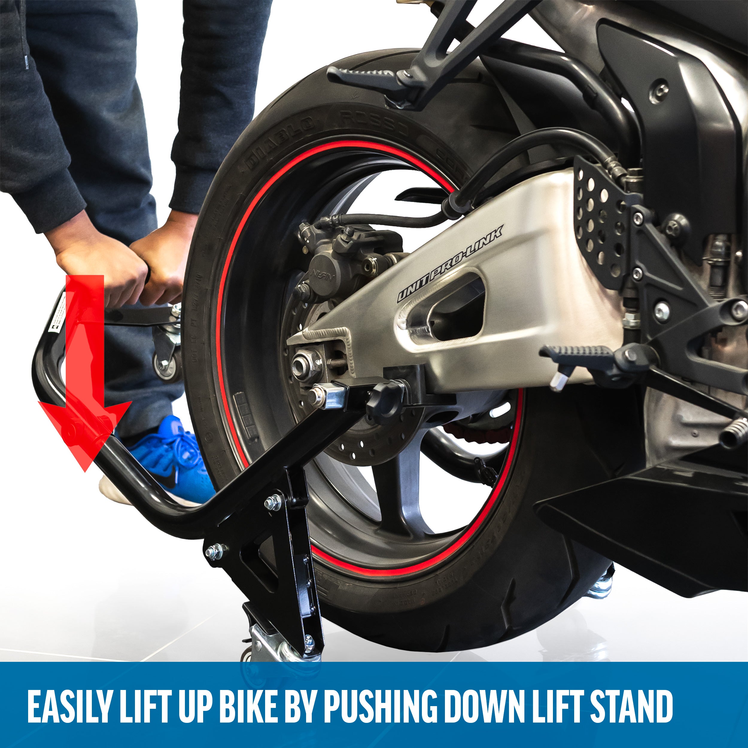 Venom Motorcycle Rear Wheel Lift Stand with Dolly Wheels, Paddle Lift Attachments, Black