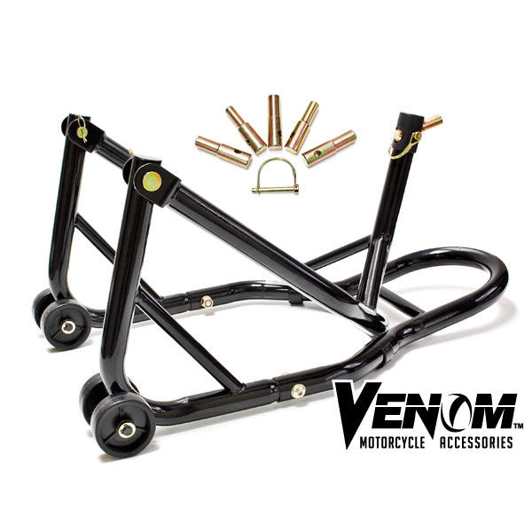 Venom Motorcycle Front Triple Tree & Rear Swingarm Paddle Lift Combo Wheel Lift Stands + Paddock Attachments