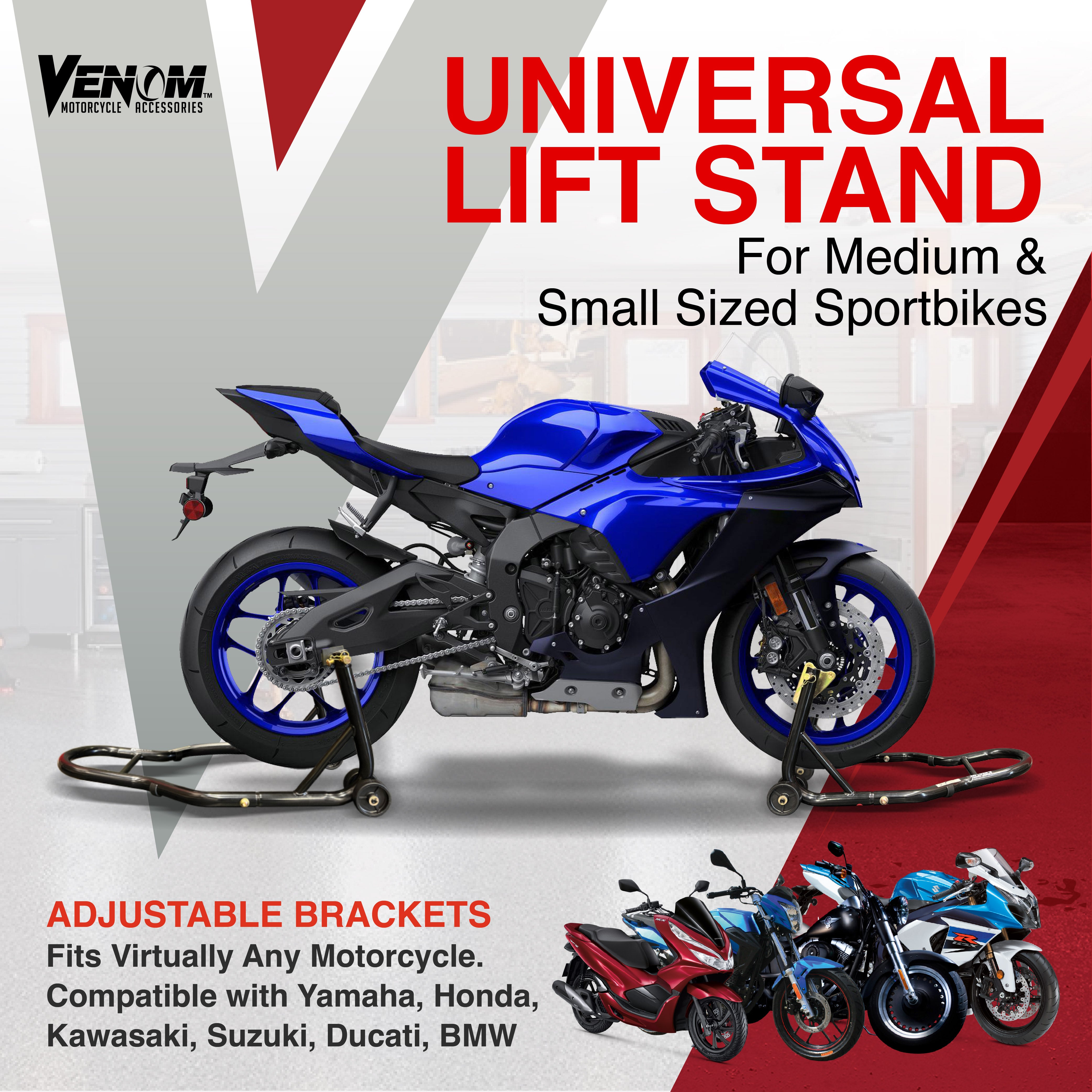Venom Motorcycle Lift Stand - Front Wheel Fork Stand Rear Wheel Swingarm Paddle Stand - Universal Fit