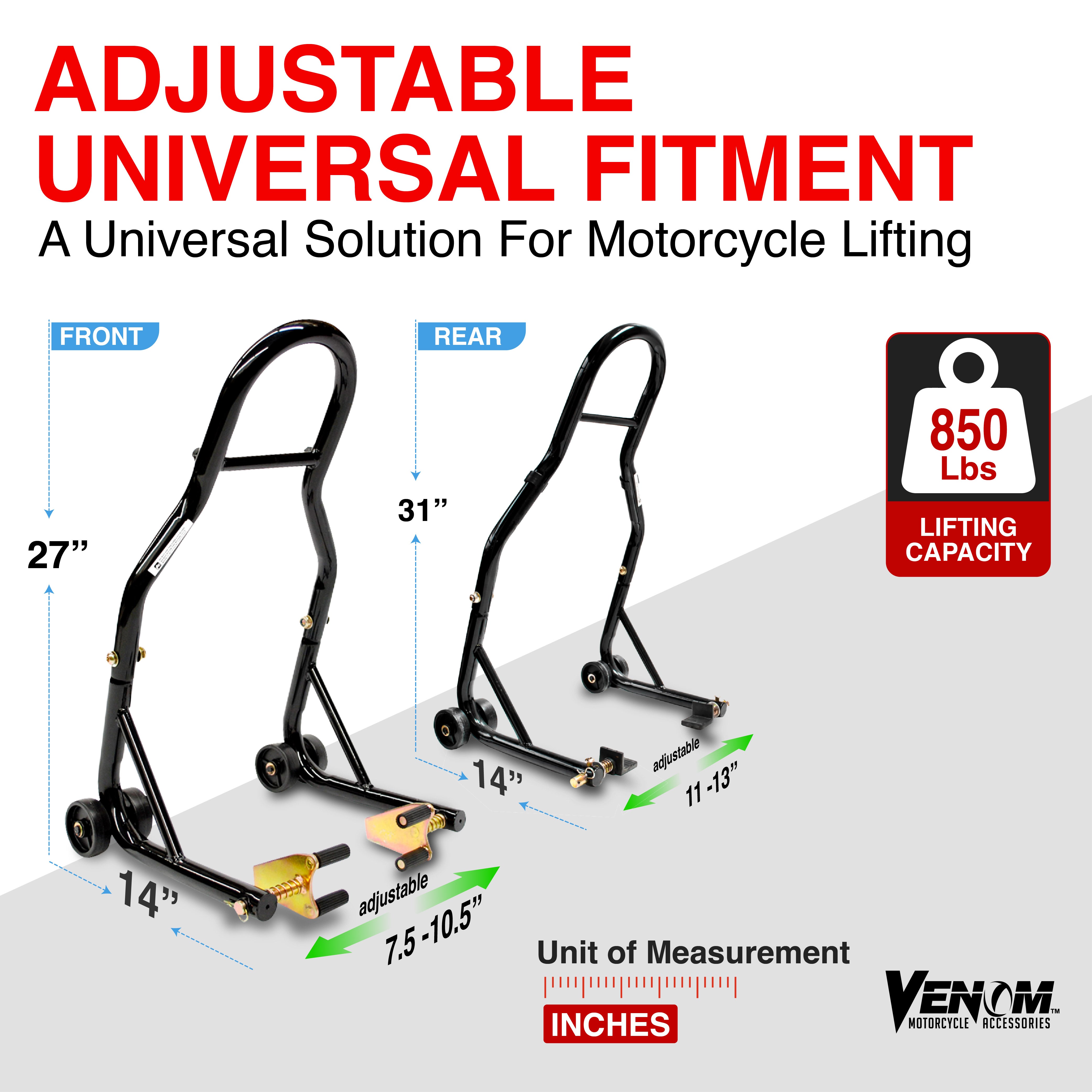 Venom Motorcycle Lift Stand - Front Wheel Fork Stand Rear Wheel Swingarm Paddle Stand - Universal Fit
