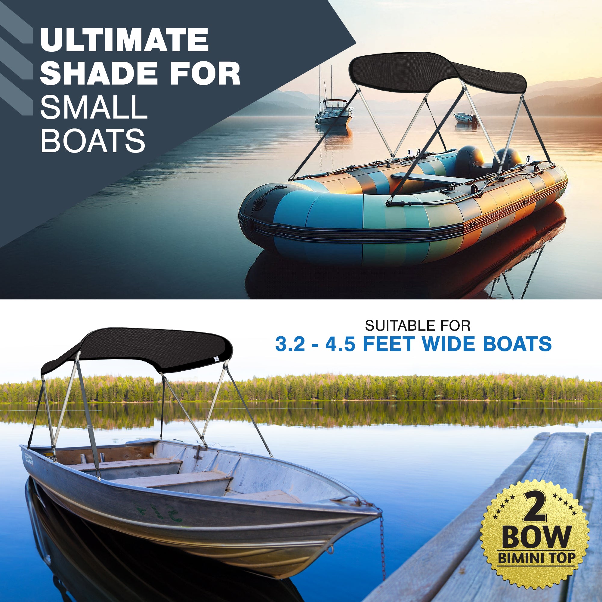 KNOX 2 Bow Bimini Top Canvas, Fits Small Boats, 63" L x 39"-55" W (Mesh)