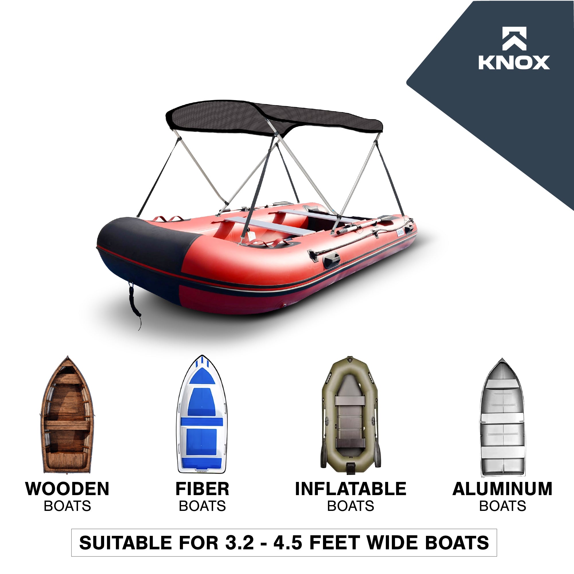 KNOX 2 Bow Bimini Top Canvas, Fits Small Boats, 63" L x 39"-55" W (Mesh)