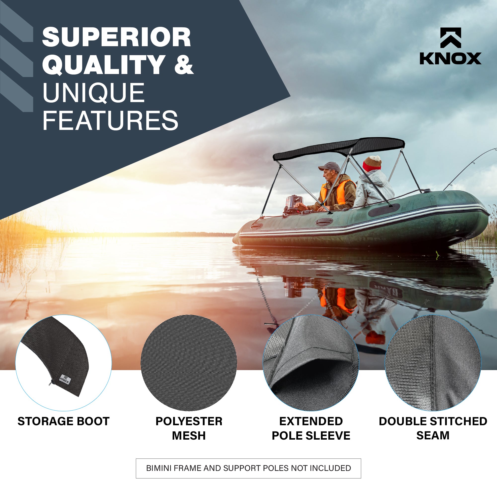 KNOX 2 Bow Bimini Top Canvas, Fits Small Boats, 63" L x 39"-55" W (Mesh)