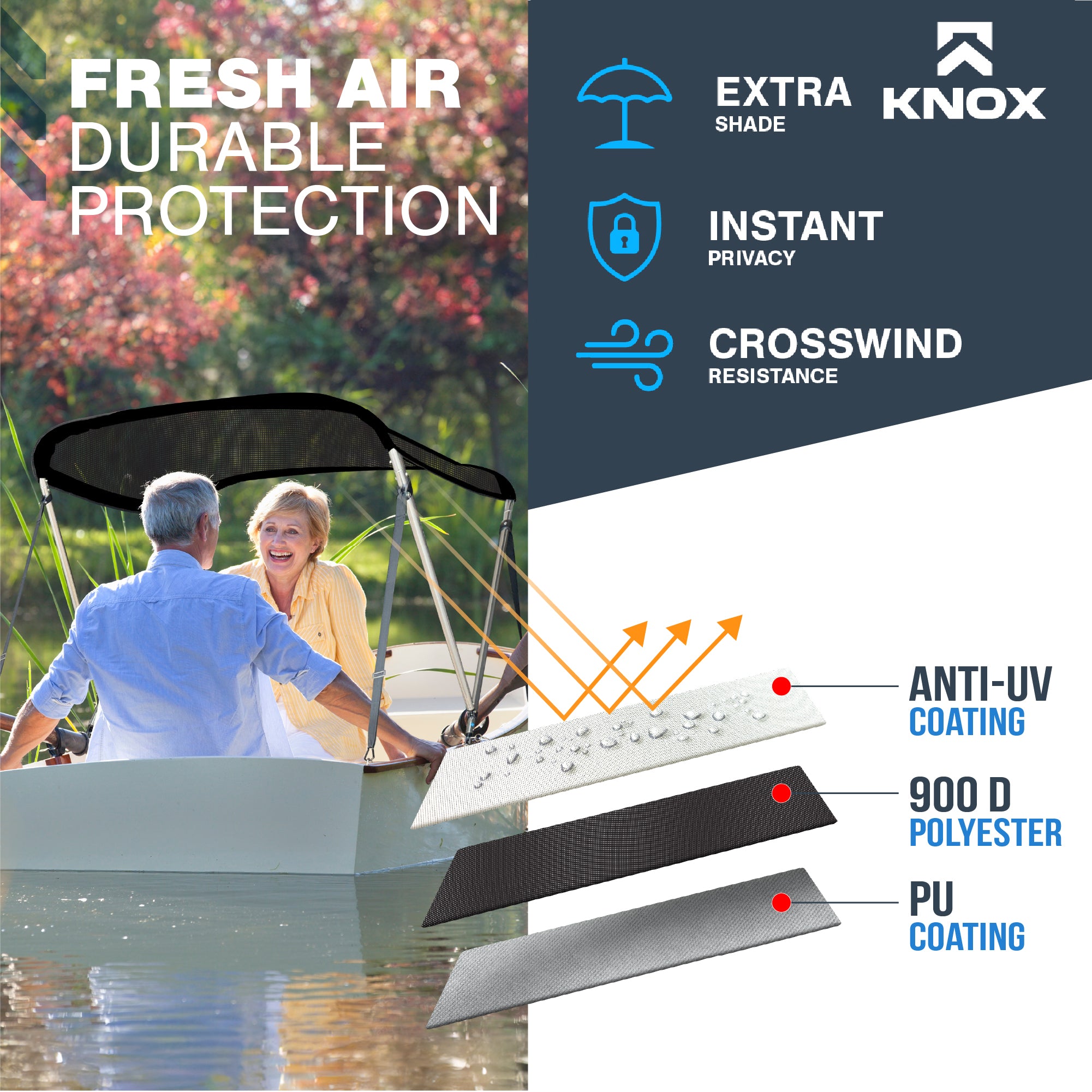 KNOX 2 Bow Bimini Top Canvas, Fits Small Boats, 63" L x 39"-55" W (Mesh)