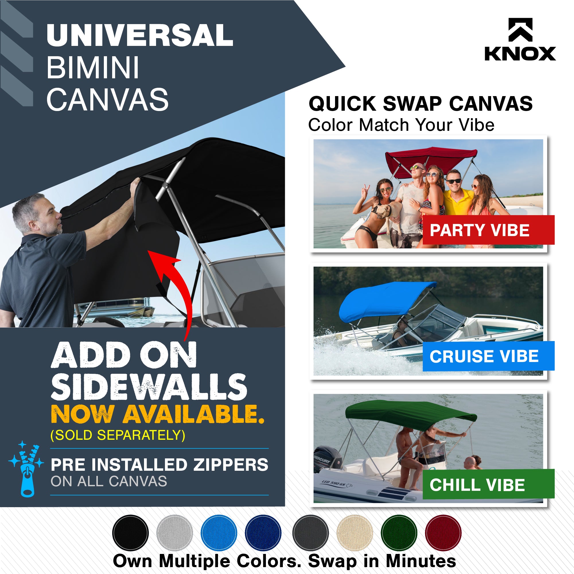 KNOX Universal Replacement Canvas Cover for 3-Bow Bimini Tops
