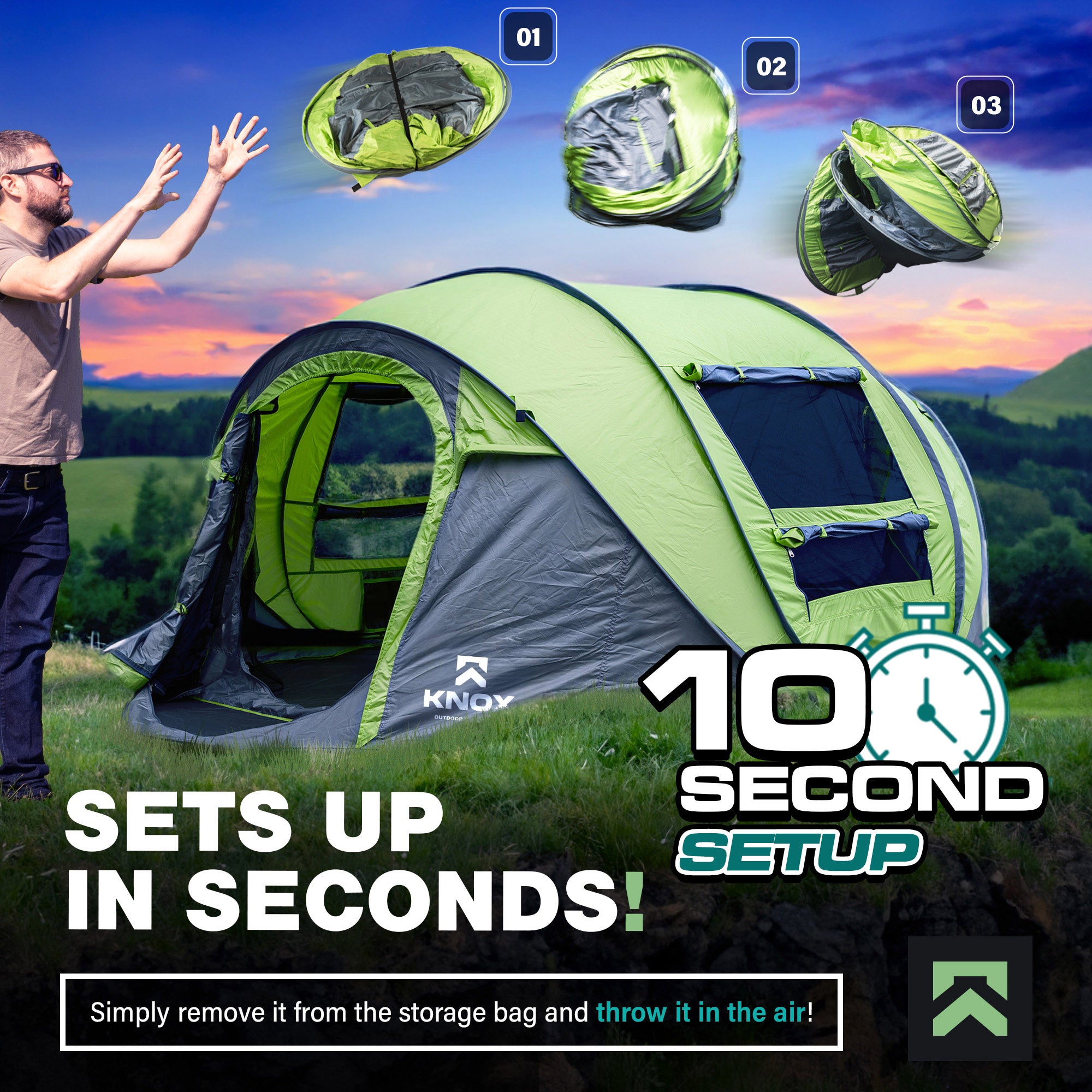 KNOX Pop Up Tent Water Resistant 4-Person Tent, Green, With Carry