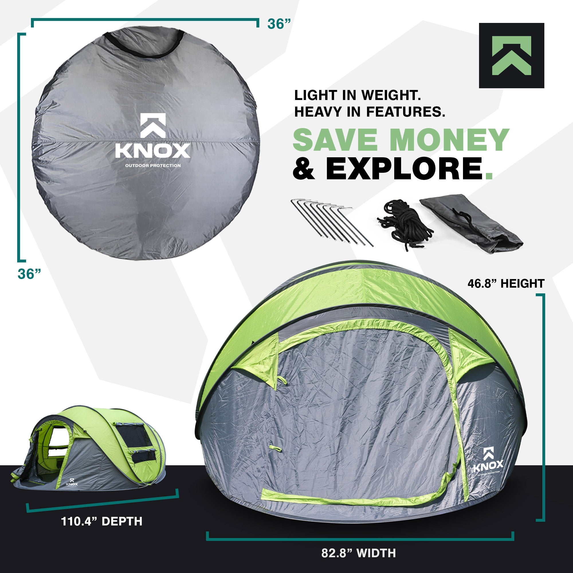 KNOX Pop Up Tent Water Resistant 4-Person Tent, Green, With Carry