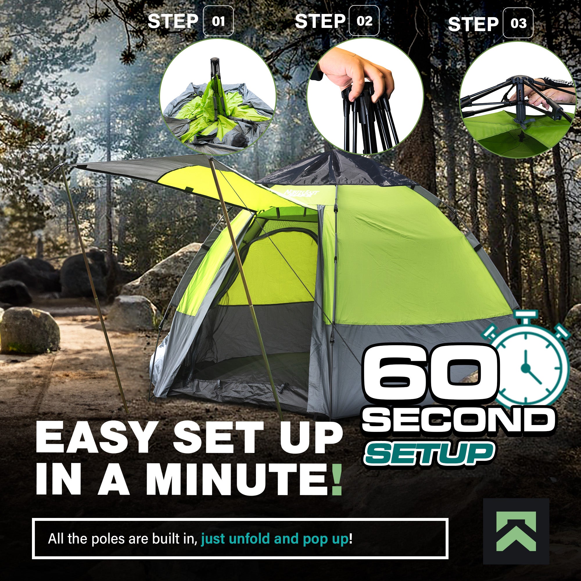 NEH Instant Tent Water Resistant Tent Fits Up To 4-5 People, Dual Entry, Green