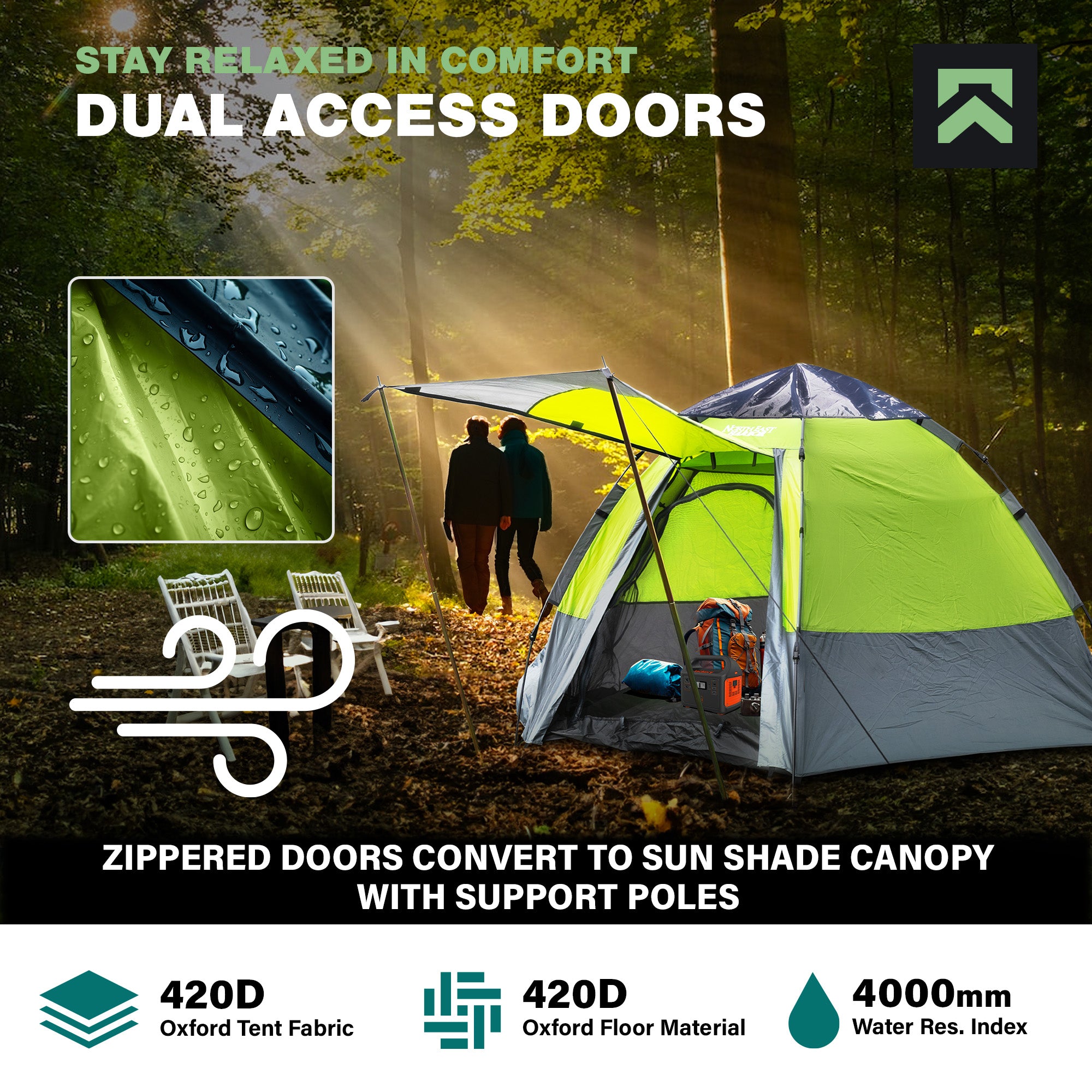 NEH Instant Tent Water Resistant Tent Fits Up To 4-5 People, Dual Entry, Green
