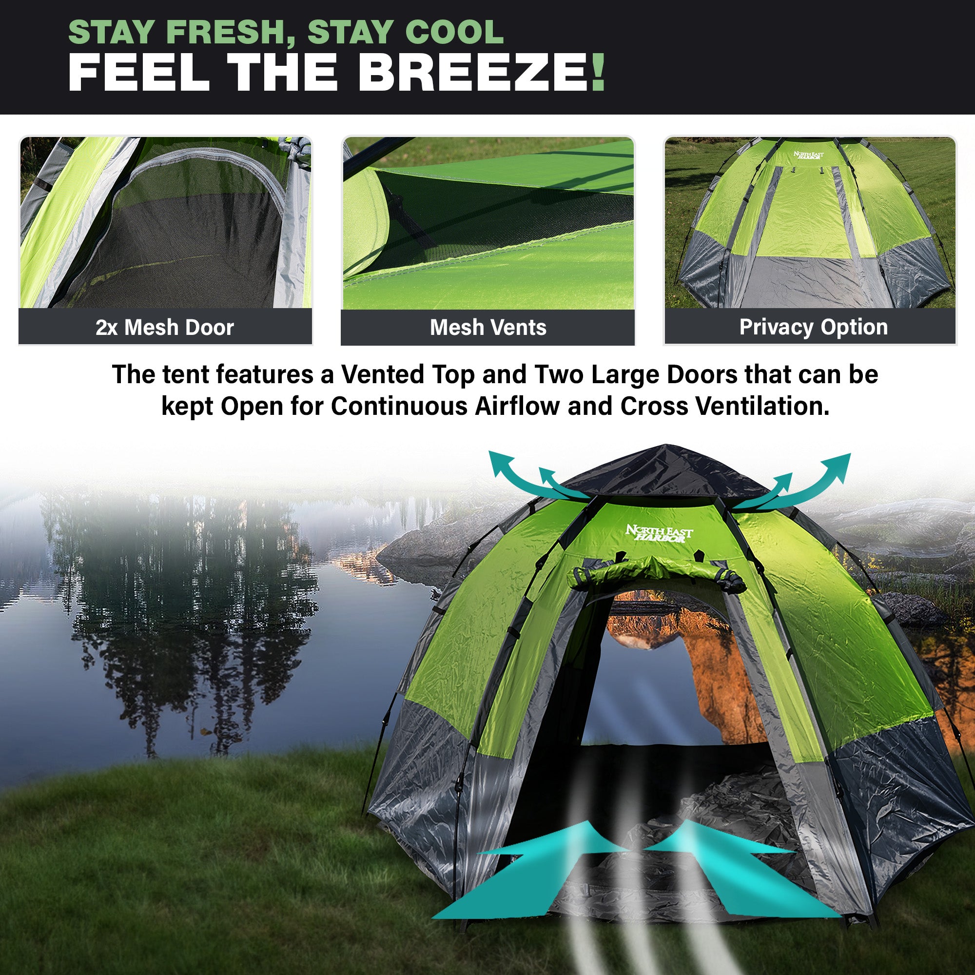 NEH Instant Tent Water Resistant Tent Fits Up To 4-5 People, Dual Entry, Green