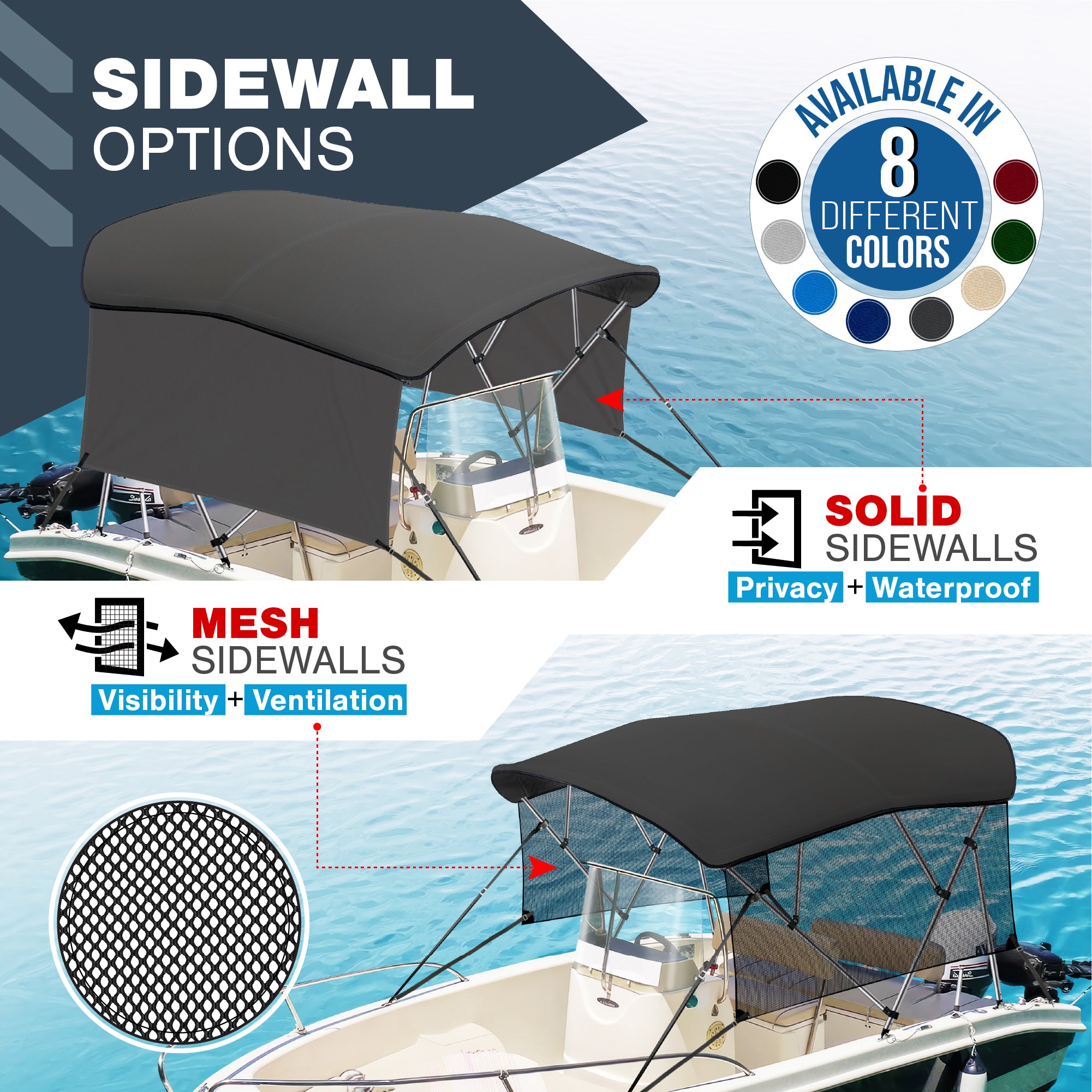 3 Bow Bimini Top Sidewalls, 900D Mesh Sun Shade Side Covers, 60"L x 26"H