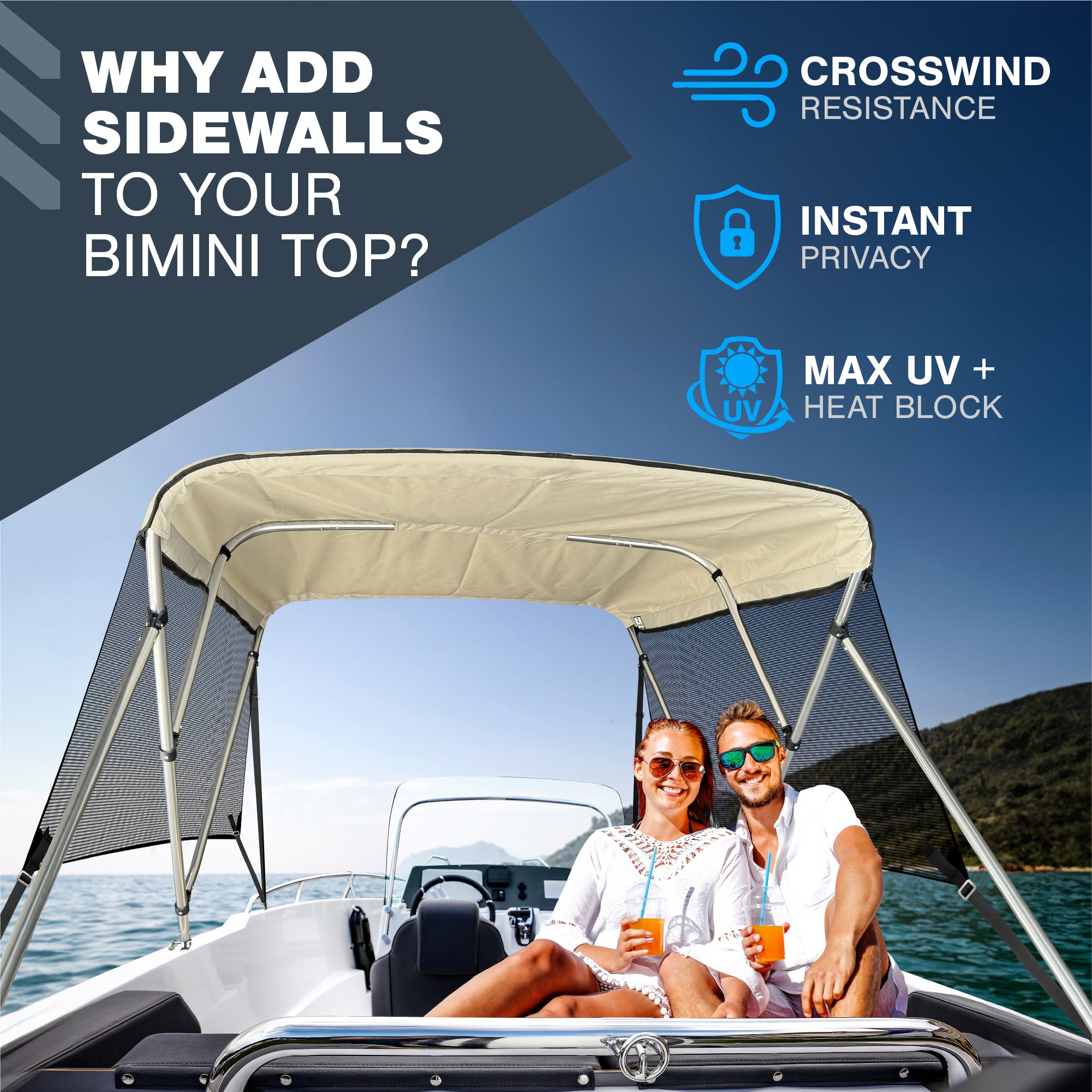 3 Bow Bimini Top Sidewalls, 900D Mesh Sun Shade Side Covers, 60"L x 26"H