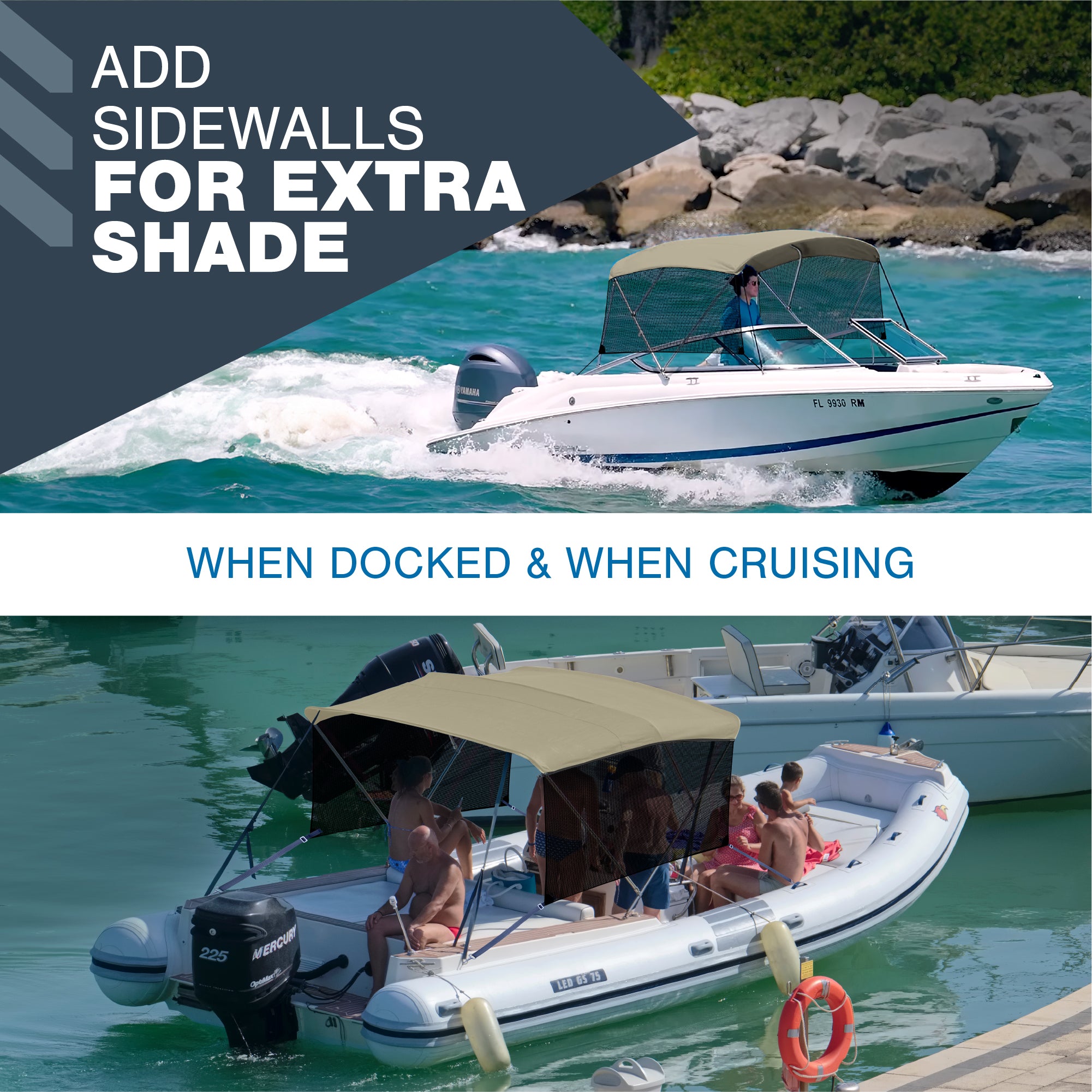 3 Bow Bimini Top Sidewalls, 900D Mesh Sun Shade Side Covers, 60"L x 26"H
