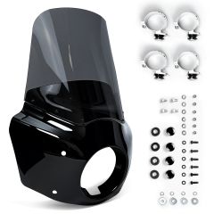 Windshield Headlight Fairing Kit for Harley Davidson Dyna and Softail Models, Glossy Black and Smoke Windscreen